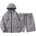Men's light grey hooded outdoor sun protection set with zip-up jacket and shorts - Grey Set