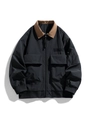 Men's loose black work jacket with a brown contrast collar and cargo chest pockets - M / Amber Black