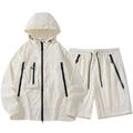 Men's outdoor hooded sun protection set with lightweight jacket and shorts in off-white - Ivory White Set
