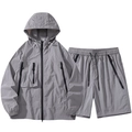 Light grey hooded windbreaker and shorts set with zipper pockets for outdoor sports - Grey Set