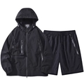 Men's outdoor hooded sun protection jacket and shorts set with waterproof zippers - Black Zirconia Set