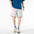 Men's ice-skin fabric patchwork shorts in pink and light grey with drawstring waist - M / Lotus root pink