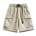 Casual khaki cargo shorts with elastic waist and adjustable nylon buckle belt - M / Khaki