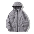 Men's lightweight grey hooded windbreaker jacket with dual side pockets and zip closure - Gray Jacket Only