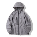 Men's grey hooded windbreaker set with multi-pocket design and elastic cuffs for outdoor - Gray Jacket Only