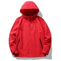 Waterproof red hooded outdoor jacket with SPORTS print and black zipper pockets - M / Red (Men)