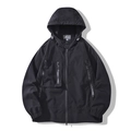 Men's black hooded windbreaker jacket with multiple zipper pockets and elastic cuffs - Black Jacket Only