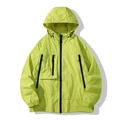 Men's neon green hooded windbreaker jacket with multiple black zipper pockets and cargo style - Fluorescent Green Jacket Only