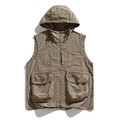 Khaki hooded utility vest for outdoor camping featuring multiple large functional pockets - M / Khaki