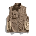 Gilet cargo d'extérieur pour homme avec col montant et poches multiples en kaki foncé - M / Kaki