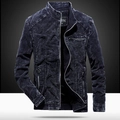 Men's slim fit stand collar denim jacket in dark grey washed fabric with zip pockets - M / Dark Blue