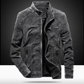 Slim fit men's washed charcoal grey denim jacket with retro stand collar and zip pockets - M / Light Gray