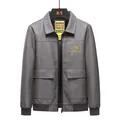 Dark grey faux leather motorcycle jacket with warm fleece lining and embroidered patches - M / Fleece Lined Gray