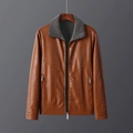 Men's brown PU leather jacket with grey fleece stand collar and metallic zipper detail - M / Khaki