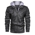 Detail view of black PU leather jacket featuring a detachable grey hoodie and cargo pockets - S / Gray