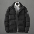 Men's winter black puffer jacket featuring horizontal quilting and standing collar style - L / Black