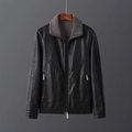 Men's black faux leather jacket with grey fur collar and warm thickened lining - M / Black