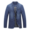 Men's casual blue denim blazer jacket with three buttons and classic notched lapels - M / Dark Blue
