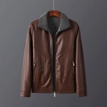 Men's brown faux leather jacket with grey fleece collar and metallic zipper detail - M / Coffee
