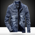 Classic men's slim fit blue denim jacket with fleece lining and stand collar detail - M / Blue Fleece Lined