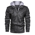 Men's black faux leather biker jacket with grey cotton hood and multi-pocket design - S / Gray