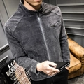 Chaqueta retro de pana gris para hombre con cuello alto y cremallera metálica - M / Gris