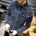 Chaqueta vaquera retro azul oscuro lavado para hombre con cuello alto y cremalleras - M / Azul oscuro