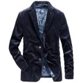 Men's navy corduroy blazer jacket with classic lapels and patterned maple leaf lining - M / Dark Blue