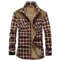 Winter plaid flannel shirt for men with warm lamb wool lining and shoulder patches - M / Red Coffee