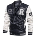 Men's retro varsity PU leather jacket in navy and white with letter R embroidery - M / White (Navy/White)