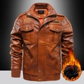 Brown military-style PU leather flight jacket with vintage patches and warm fleece lining - M / Khaki Fleece-lined