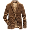 Men's brown corduroy blazer jacket with notch lapels and maple leaf lining print - M / Coffee