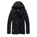 Giacca invernale da uomo media lunghezza con cappuccio e fodera in pile nero - M / Nero