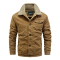 Retro khaki corduroy jacket for men featuring a warm beige fleece collar and buttons - M / Khaki