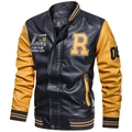 Men's retro baseball PU jacket in navy and yellow with athletic embroidery and rib knit trim - M / Yellow (Navy/Yellow)