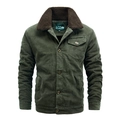 Men's vintage military green corduroy jacket with brown faux fur collar and button pockets - M / Army Green