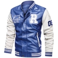 Giacca varsity da uomo in pelle PU blu e bianca con ricamo R e polsini a costine - M / Blu Reale (Blu Reale/Bianco)