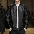 Slim fit black PU leather jacket for men featuring a classic lapel and metallic zipper - M / Black