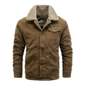 Men's brown corduroy jacket with beige faux fur collar and button pockets - M / Coffee