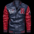 Giacca college da uomo in pelle PU blu navy e bordeaux con toppa a forma di R ricamata - M / Blu scuro