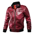 Slim fit dark red motorcycle PU leather jacket with ribbed cuffs and stand collar - M / Red