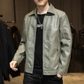 Men's slim fit PU leather jacket in sage green with turn-down collar and zipper - M / Green