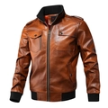 Slim fit brown faux leather motor jacket for men with ribbed collar and chest pockets - M / Coffee