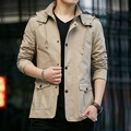 Men's khaki hooded military work jacket in washed cotton fabric with multi-pockets - M / Khaki