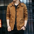 Men's khaki canvas hooded cargo jacket with adjustable drawstring and front pockets - M / Khaki/Earth Yellow