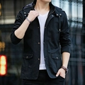 Men's black casual hooded cotton jacket with tactical cargo pockets in a street style - M / Black