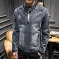Slim fit heren spijkerjas in donkergrijs met distressed details en een opstaande kraag - M / Gevoerd Zwart