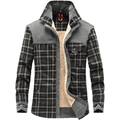 Men's flannel fleece lined shirt with grey plaid pattern and corduroy shoulder patch - M / Dark Plaid (Deep Military Patchwork)
