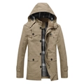 Chaqueta de hombre en lona de algodón caqui con capucha forro de cuadros y bolsillos - M / Caqui