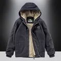 Men's winter heavy canvas jacket in black with thick warm beige faux fur lining - M / Dark Gray